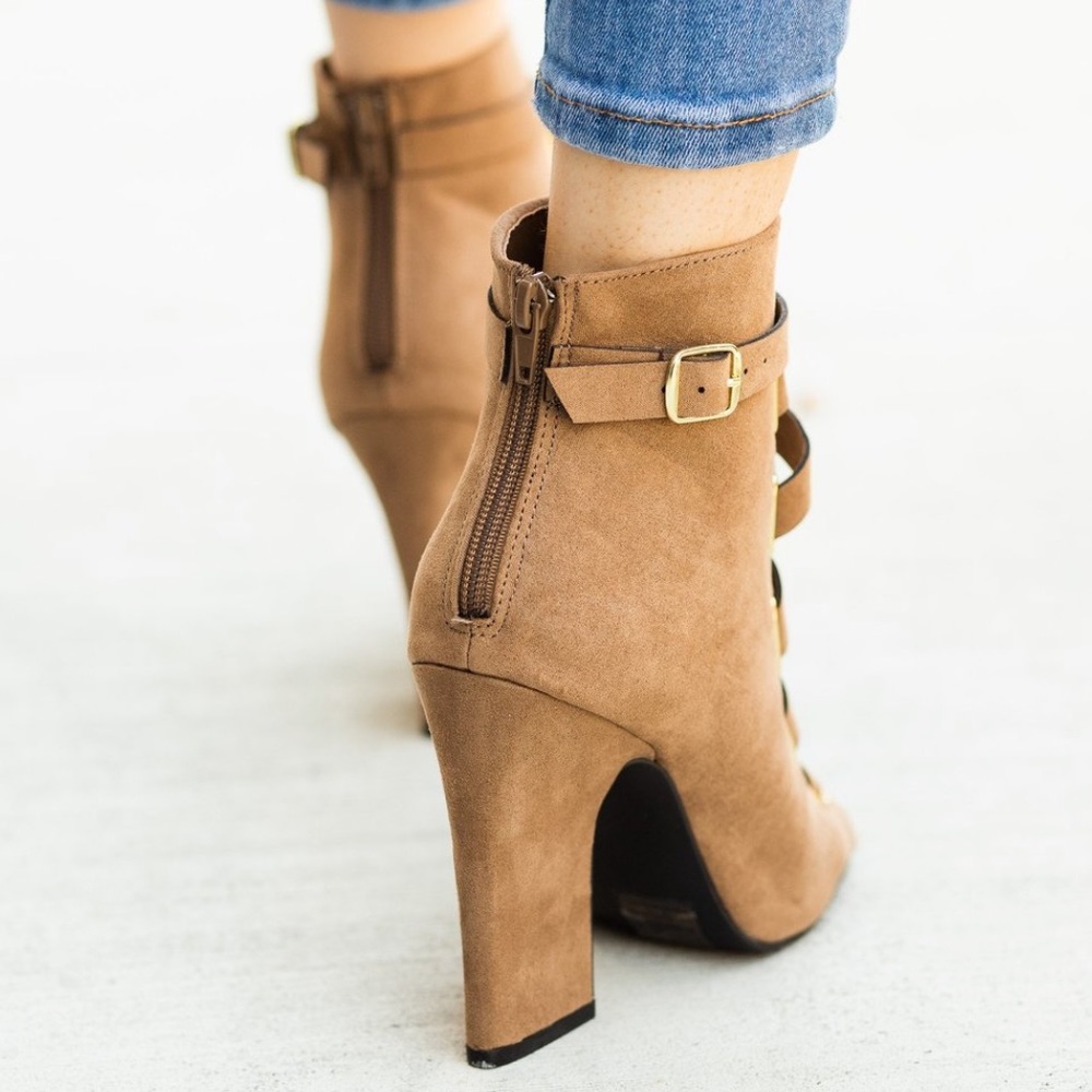 Taupe lace up block heel peep toe booties Size 10 - Picture 7 of 7